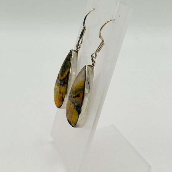 925 Sterling Silver Natural Bumble Bee Jasper Dangle Earrings - Picture 3 of 7